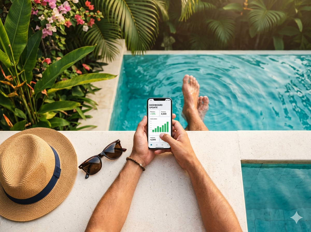 Propietario revisando su negocio desde la piscina